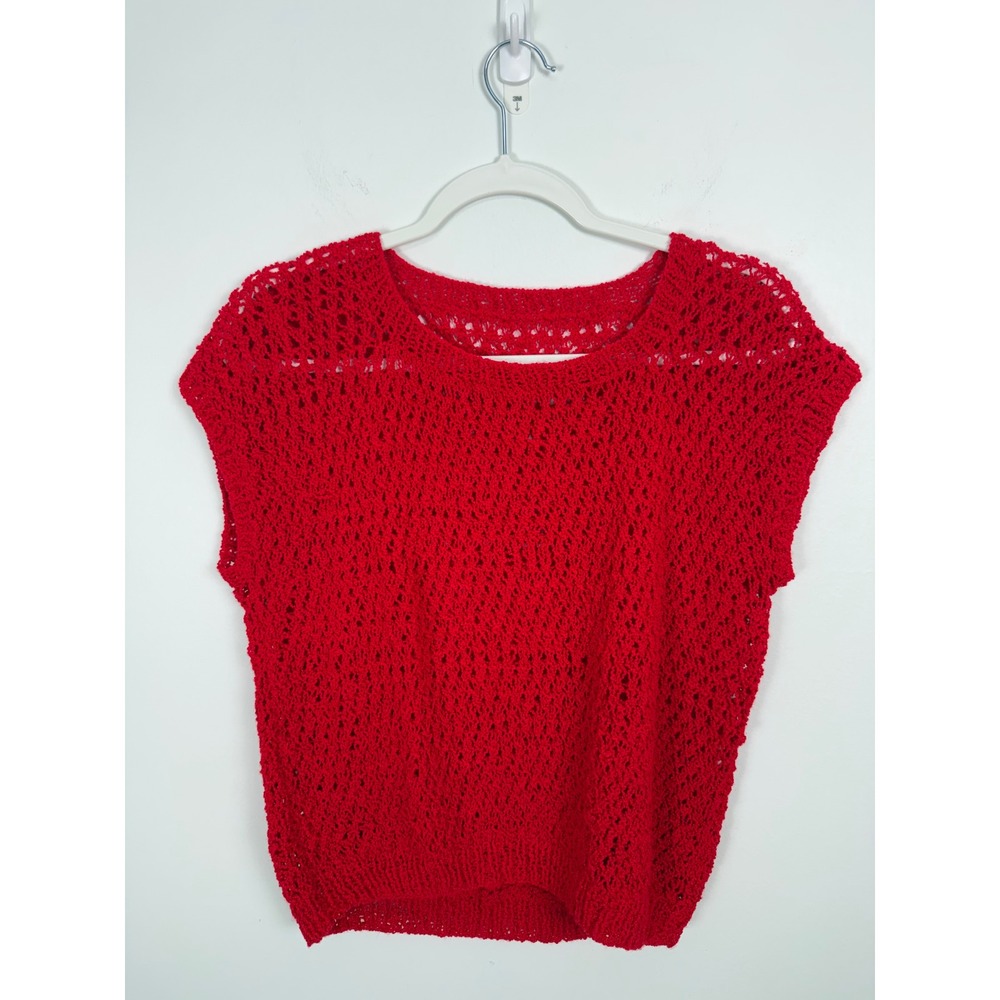 Handmade Red Crochet Knit Lacy Sweater Vest Cap Sleeve Crew Neck Women's Large